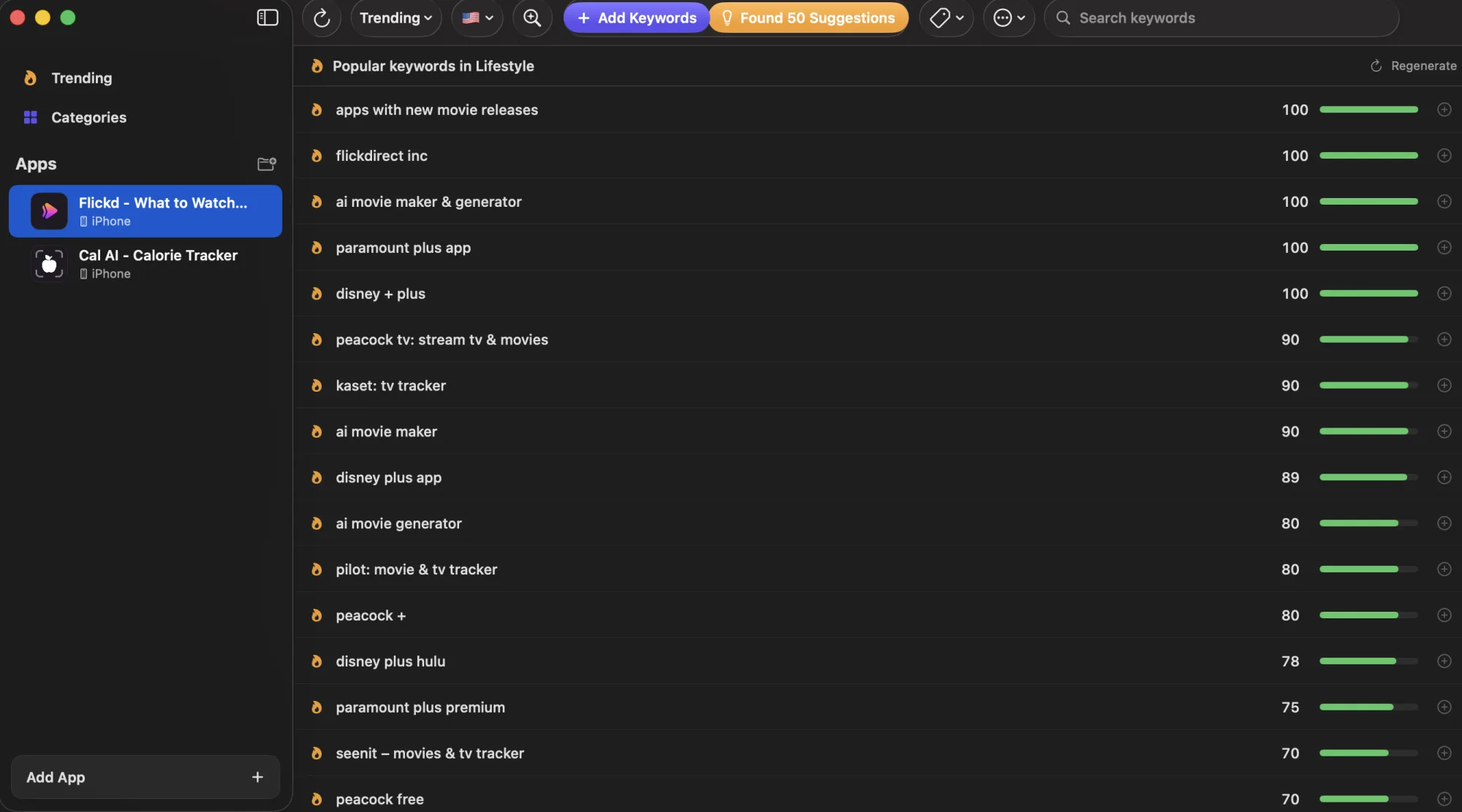 Trending keyword signals in ASO Studio